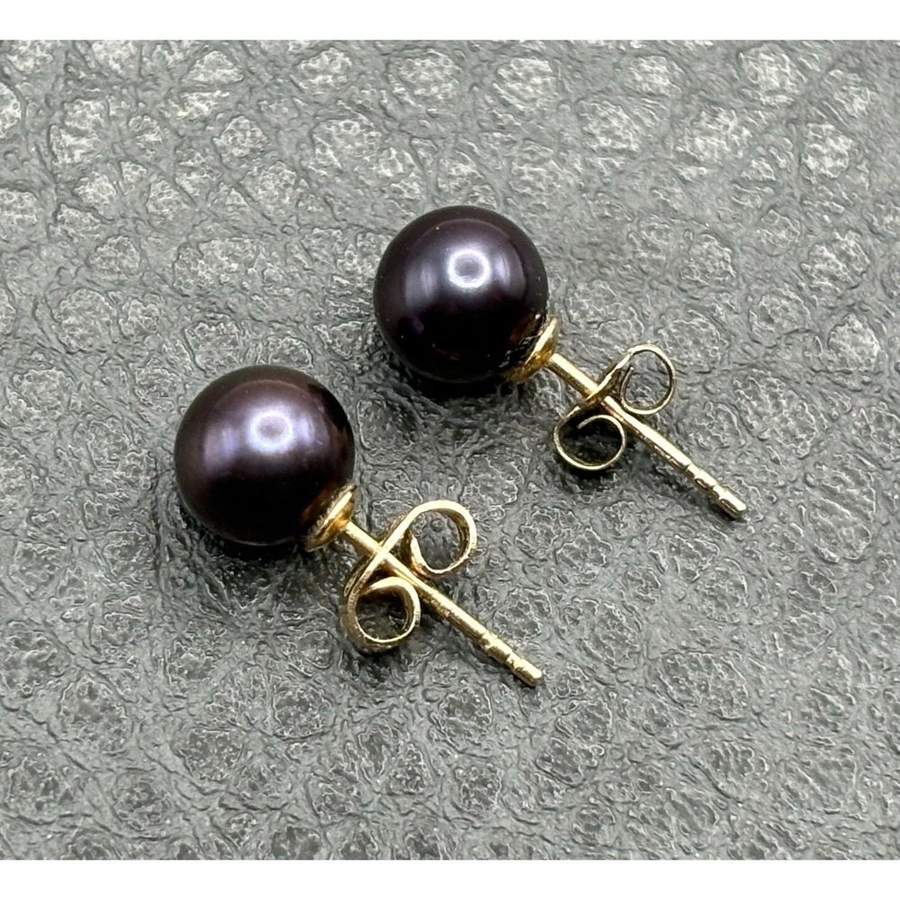 SOLID 14K 585 Yellow Gold Black Pearl Stud Earrings 5.5MM Round - M Hallmark